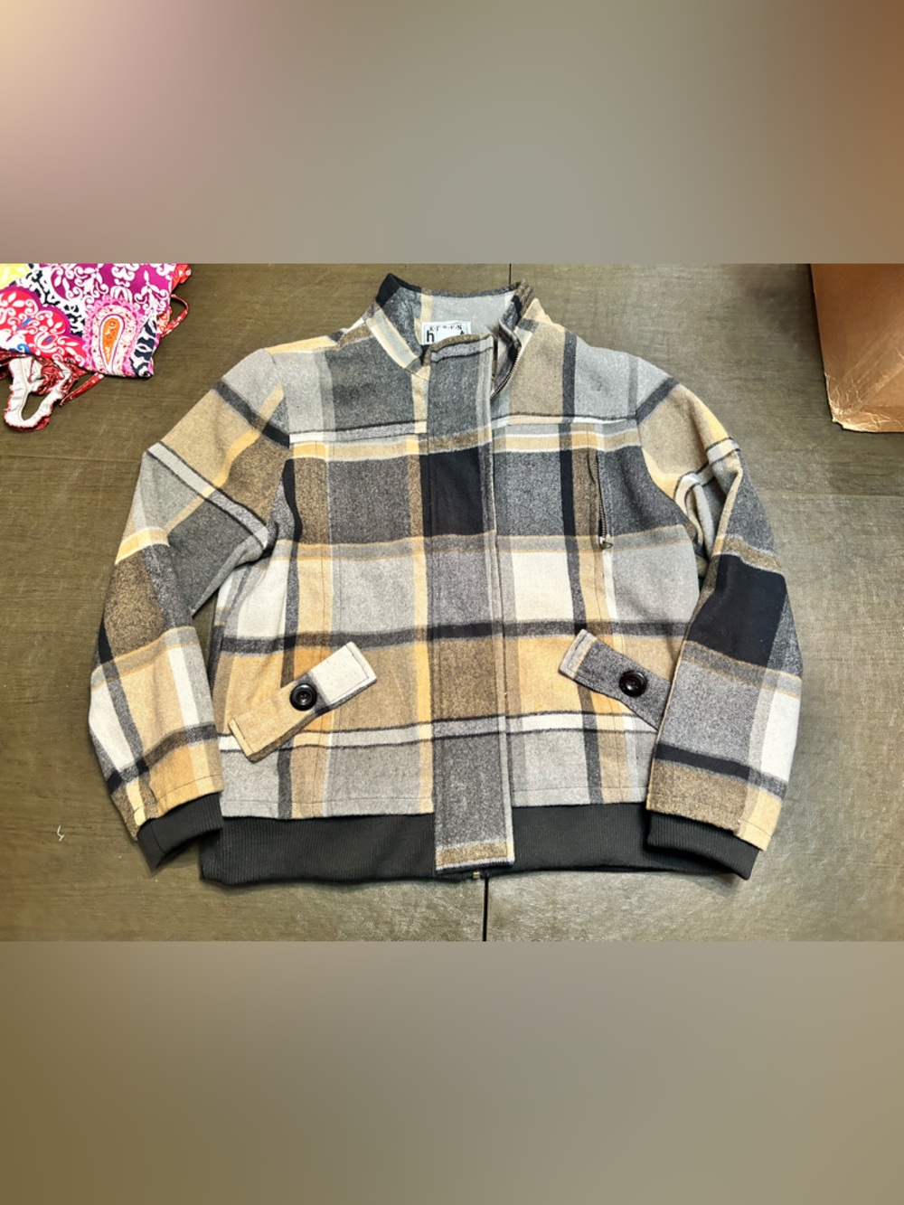 KEREN hart Plaid Bomber Jacket in Beige, Gray & Black